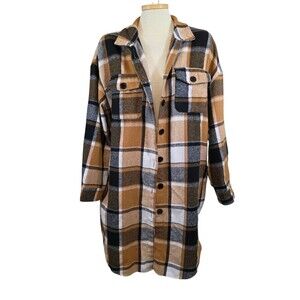 Plaid Long Shacket Womans 18W Yellow Shirt Jacket Button Front Pockets